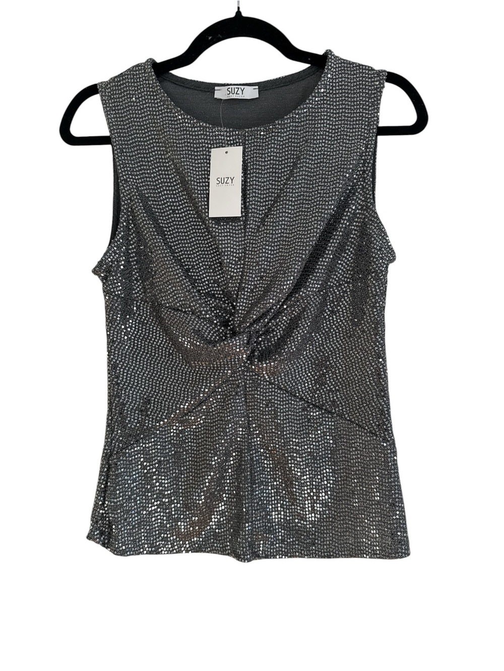 NWT Suzy Shier Women's Metallic Knot-Front Sleeveless Top - Silver